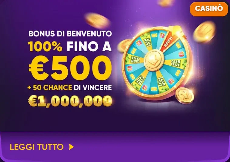 Bonus di benvenuto 100 fino a eur500 50 chance eur1 000 000